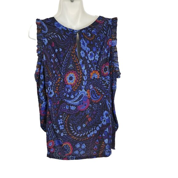 Ann Taylor Loft Womens Top Small Cold Shoulder Floral Print Long Sleeve Ruffles - Picture 2 of 13